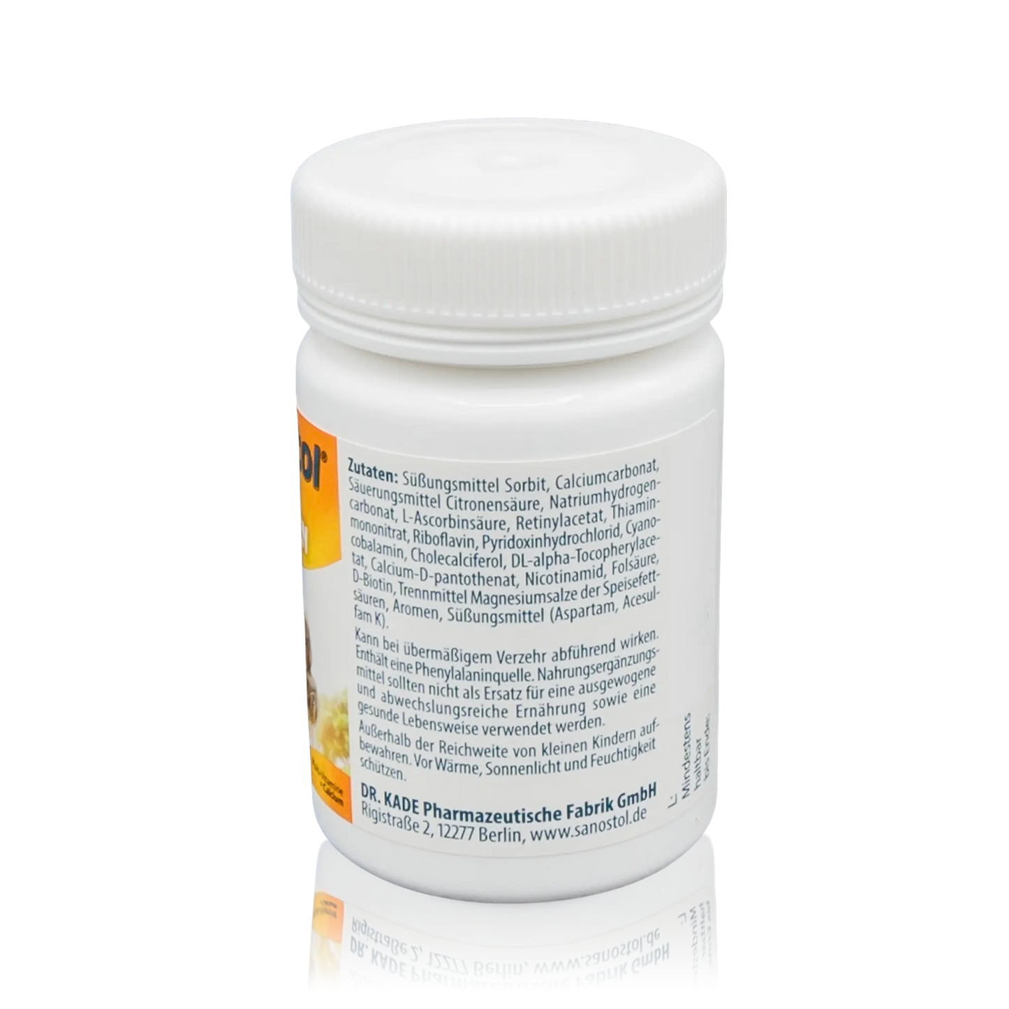 Sanostol Lutschtabletten mit Multi-Vitaminen und Calcium (90g) - Seitenansicht Dose Zutaten