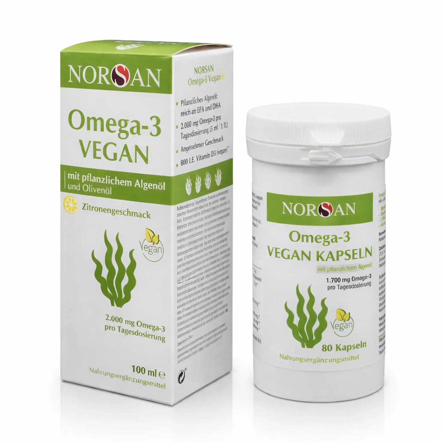 Norsan Omega-3 Vegan Kombipaket - Vorderansicht des Bundle Omega-3 Vegan Algenöl 100 ml und Omega-3 Vegan Kapseln 80 Stück