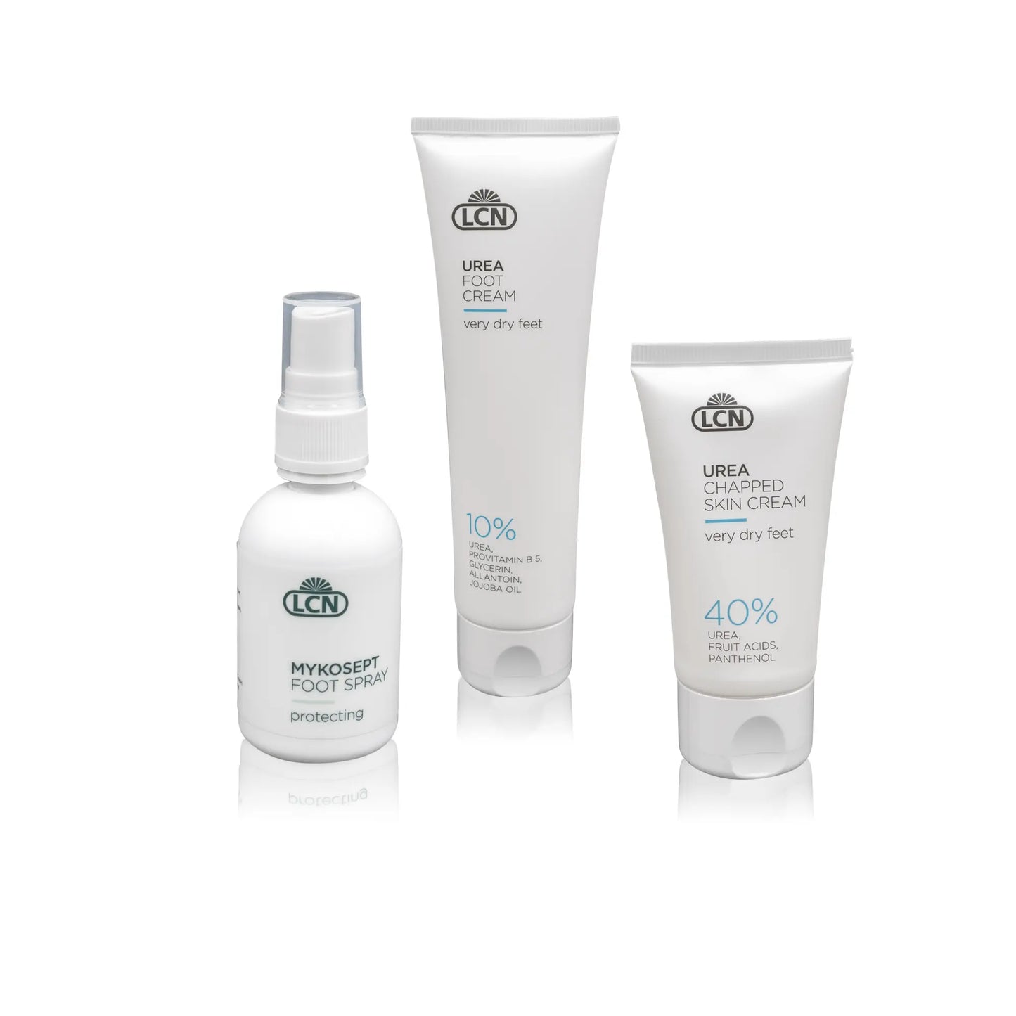 LCN Fußpflege Kombipaket - Vorderansicht des Bundle mit Mykosept Foot Spray, Urea Foot Cream 10% und Urea Chapped Skin Cream 40%