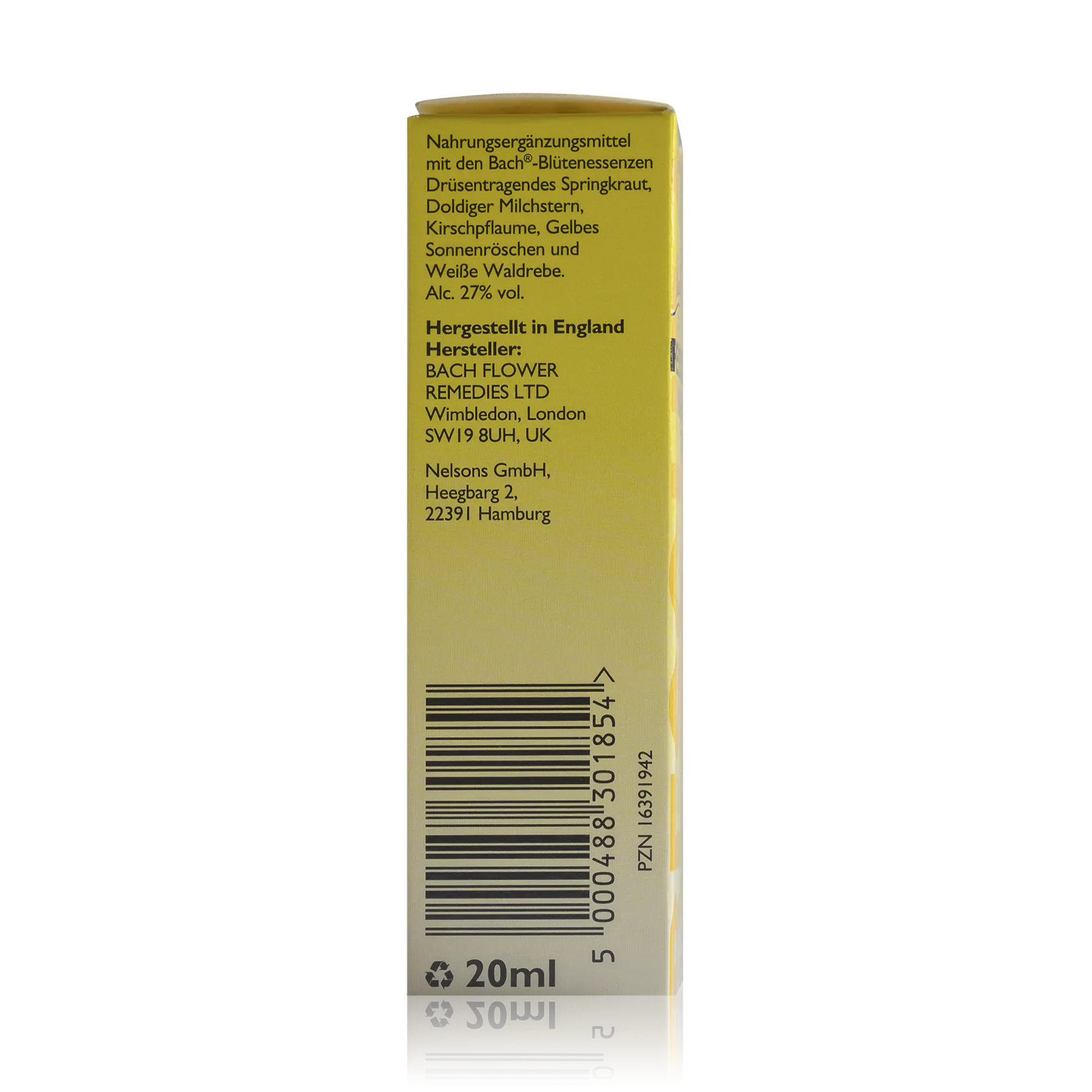 Bachblüten Original Rescura Tropfen mit Alkohol 20 ml - Seitenansicht mit Barcode
